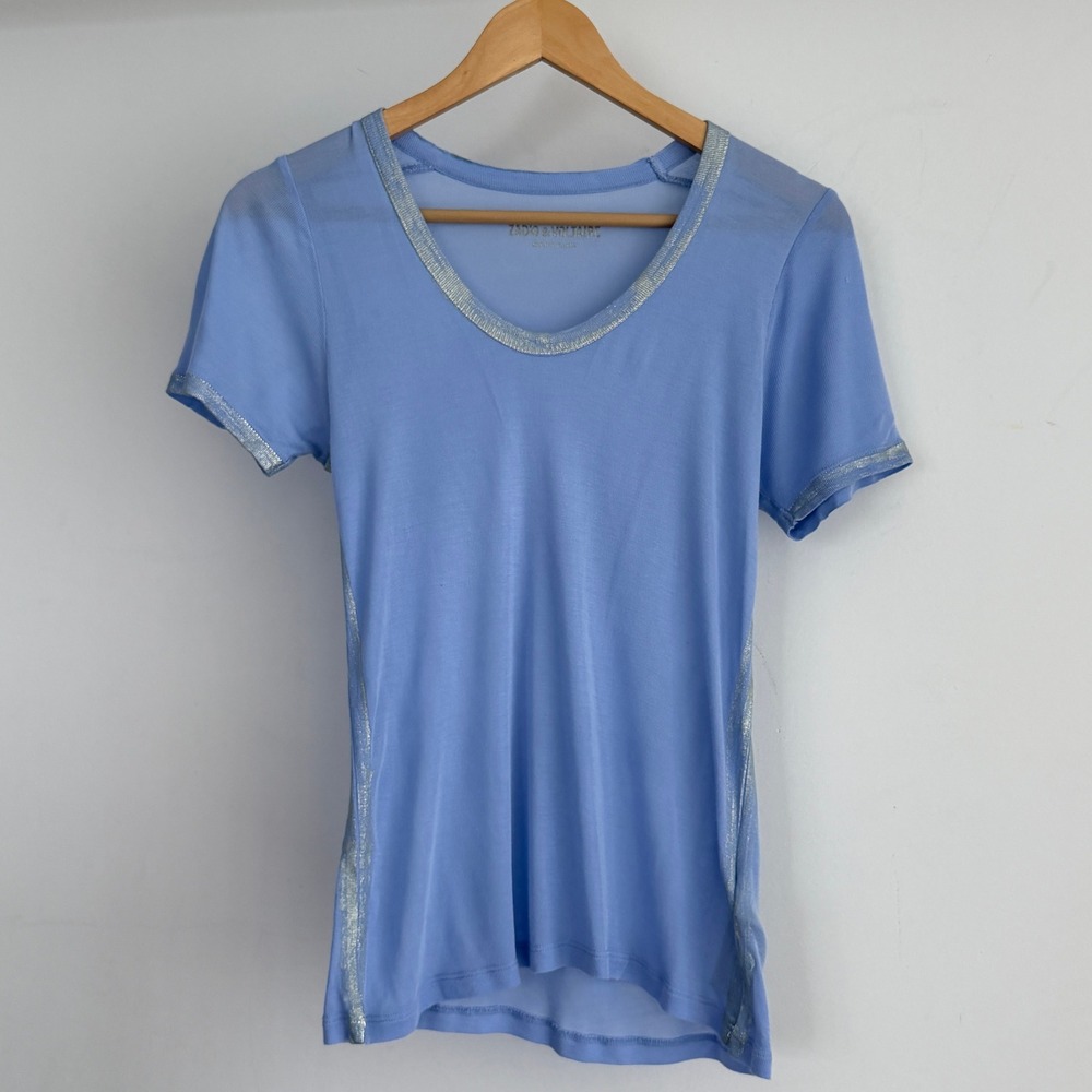 Zadig & Voltaire Tino Foil Shirt Womens XS Blue Silver Metallic Trim Glam Rock